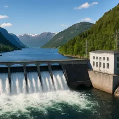 Zapora wodna w Norwegii z wodą wypływającą z wielu otworów, otoczona górami i lasami.