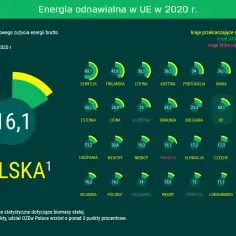 Wykres kołowy z liczbą 16,1 dla Polski i wykresy słupkowe z danymi o OZE w krajach UE.