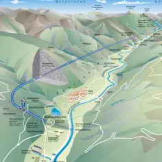 Ilustracja przedstawia system elektrowni wodnej w górskim krajobrazie Austrii, z widocznymi tunelami, zaporami i budynkami.