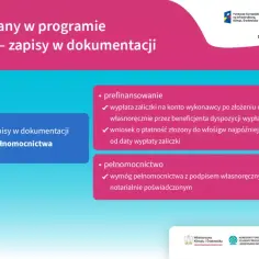 Grafika przedstawia fragment strony internetowej z informacjami o programie "Czyste Powietrze", w tym o prefinansowaniu i pełnomocnictwie.