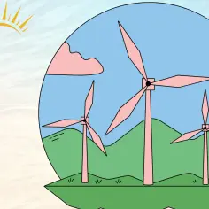 Ilustracja z turbinami wiatrowymi, słońcem i żarówką z rośliną.