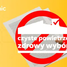 Dłoń trzyma dokumenty z napisem "czyste powietrze zdrowy wybór" na tle z logo Copernic.